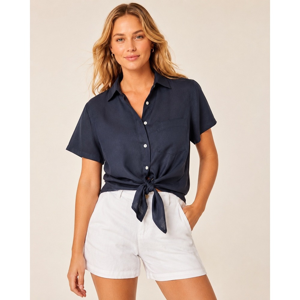 J.Crew Womens Front Tie Short Sleeve Shirt XS Coastal Navy Blue Blouse Preppy